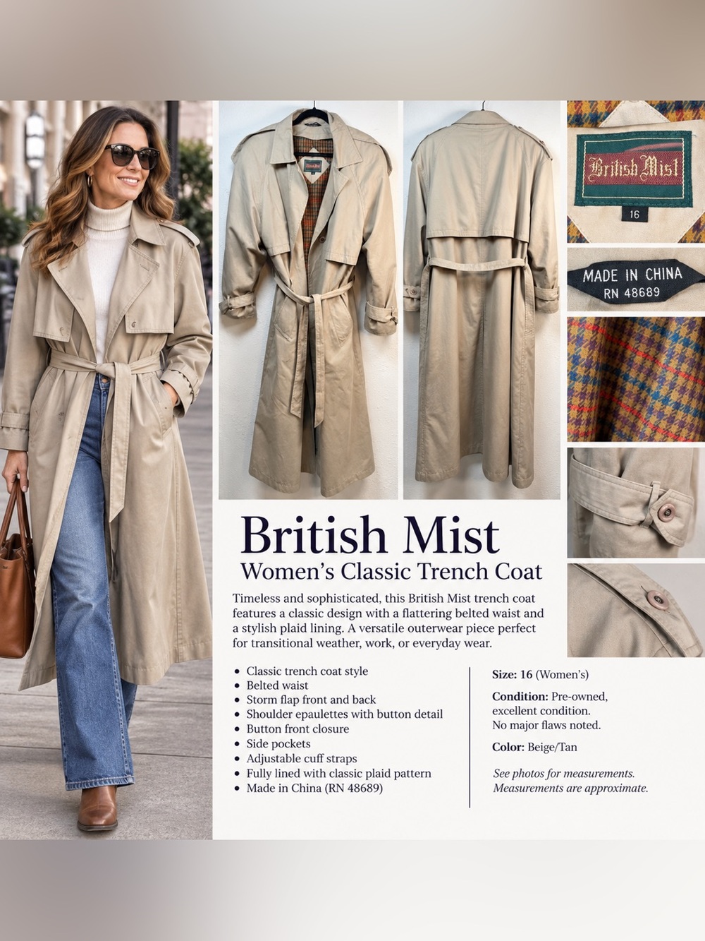 British Mist Classic Trench Coat Belted Plaid Lined Beige Tan